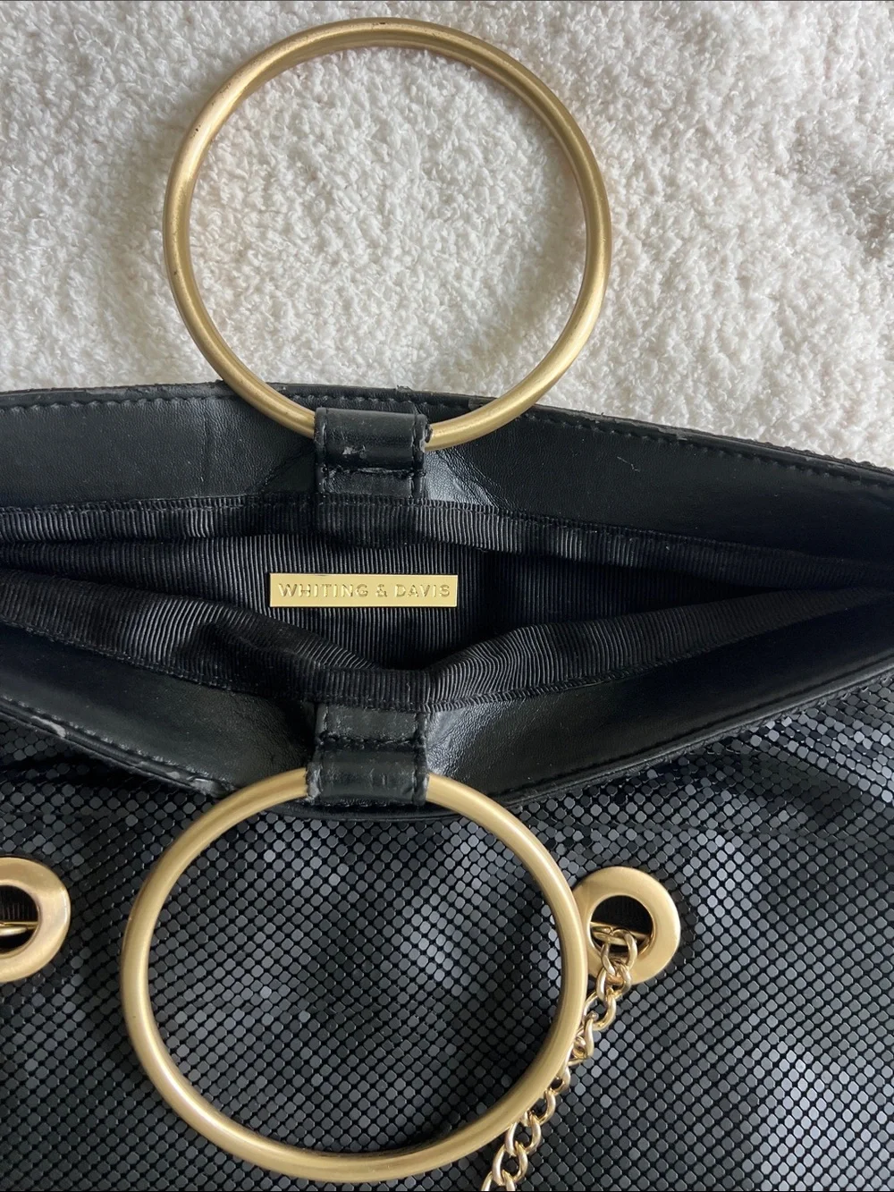 Whiting & Davis Black Textured Clutch with Gold Double Hoop Handle